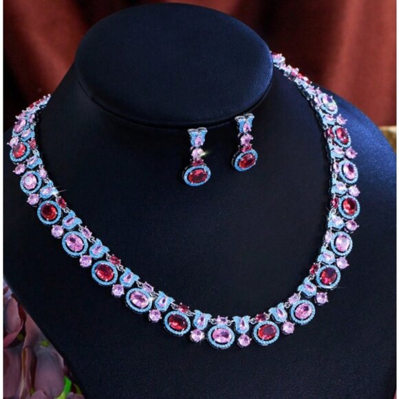 BLUE PINK CZ NECKLACE AND EARRING SET - Picture 1 of 7
